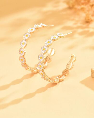 Daisy Hoop Earrings for Women White Daisy Flower Earrings C-Shaped Sunflower Hoops Spring Floral Jewelry Accessories in Saudi Arabia