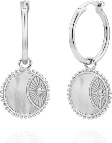 925 Sterling Silver 14K Gold Plated Mother of Pearl Solar Moon Hoop Earrings in Saudi Arabia