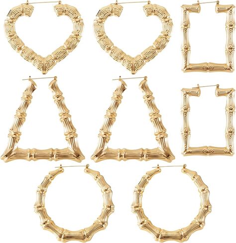 4 Pairs Bamboo Hoop Earrings for Women, Oversized Retro 90s Bamboo Earrings, Hypoallergenic Alloy Heart Round Square Triangle Ear Jewelry for Hip Hop Party Birthday Wedding - Gold in Saudi Arabia