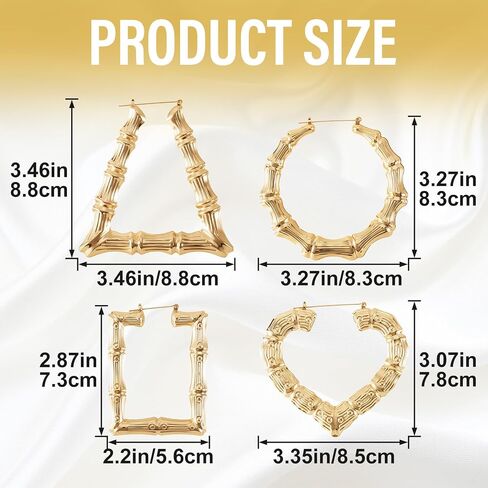 4 Pairs Bamboo Hoop Earrings for Women, Oversized Retro 90s Bamboo Earrings, Hypoallergenic Alloy Heart Round Square Triangle Ear Jewelry for Hip Hop Party Birthday Wedding - Gold in Saudi Arabia