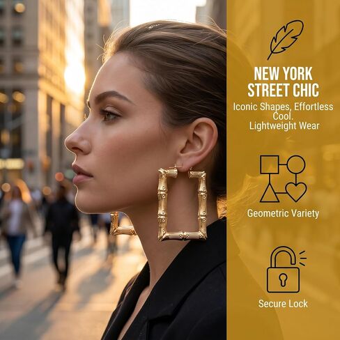 4 Pairs Bamboo Hoop Earrings for Women, Oversized Retro 90s Bamboo Earrings, Hypoallergenic Alloy Heart Round Square Triangle Ear Jewelry for Hip Hop Party Birthday Wedding - Gold in Saudi Arabia
