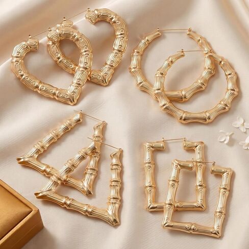 4 Pairs Bamboo Hoop Earrings for Women, Oversized Retro 90s Bamboo Earrings, Hypoallergenic Alloy Heart Round Square Triangle Ear Jewelry for Hip Hop Party Birthday Wedding - Gold in Saudi Arabia