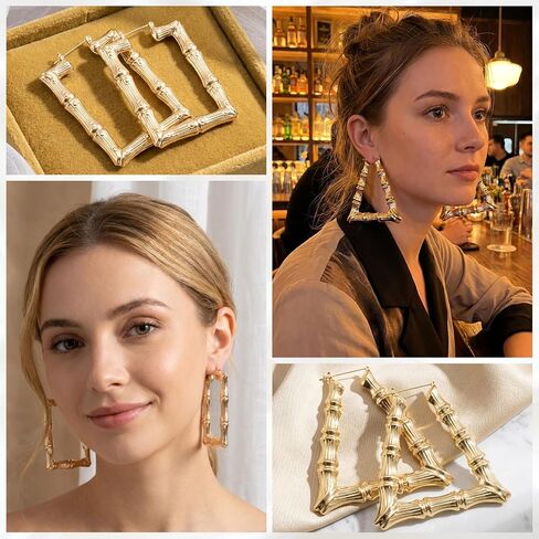 4 Pairs Bamboo Hoop Earrings for Women, Oversized Retro 90s Bamboo Earrings, Hypoallergenic Alloy Heart Round Square Triangle Ear Jewelry for Hip Hop Party Birthday Wedding - Gold in Saudi Arabia