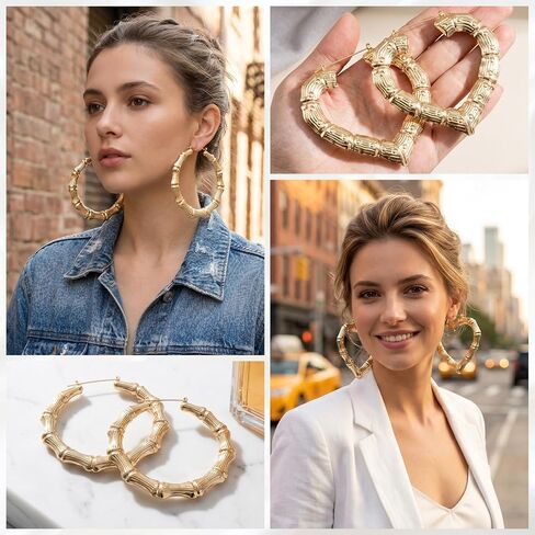 4 Pairs Bamboo Hoop Earrings for Women, Oversized Retro 90s Bamboo Earrings, Hypoallergenic Alloy Heart Round Square Triangle Ear Jewelry for Hip Hop Party Birthday Wedding - Gold in Saudi Arabia