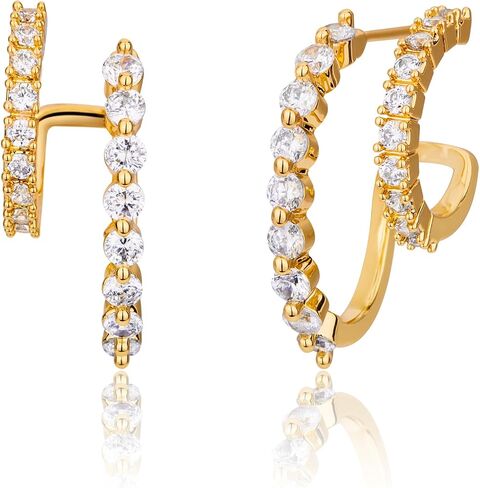 14k Gold/Silver Double Hoop Hypoallergenic Diamond Earrings for Women Stacks, Huggie Dangle Small Cubic Zirconia Chunky Flat Back Earrings Jewelry for Women Trendy in Saudi Arabia