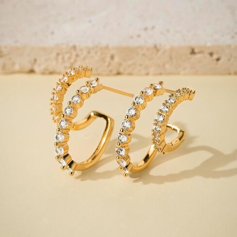 14k Gold/Silver Double Hoop Hypoallergenic Diamond Earrings for Women Stacks, Huggie Dangle Small Cubic Zirconia Chunky Flat Back Earrings Jewelry for Women Trendy in Saudi Arabia