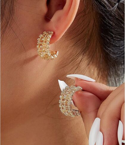 Earrings for Women Hoops Earring Sets Chunky Yellow Gold Textured Filigree Elegant for Daily Sexy Style in Saudi Arabia