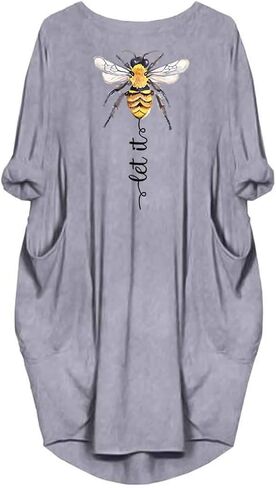 JiaMa womens Let it be Long Sleeve Loose Pocket Oversize Tunic Pockets Dress, Grey, Large in Saudi Arabia