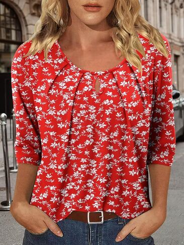 Womens Crewneck Shirts Summer Short Sleeve Tops Ladies Fashion Pleated Loose Tunic Blouse for Leggins in Kuwait