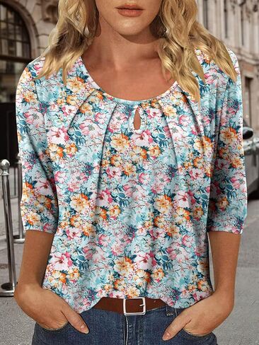 Womens Crewneck Shirts Summer Short Sleeve Tops Ladies Fashion Pleated Loose Tunic Blouse for Leggins in Kuwait