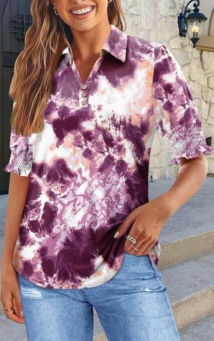Womens Crewneck Shirts Summer Short Sleeve Tops Ladies Fashion Pleated Loose Tunic Blouse for Leggins in Kuwait
