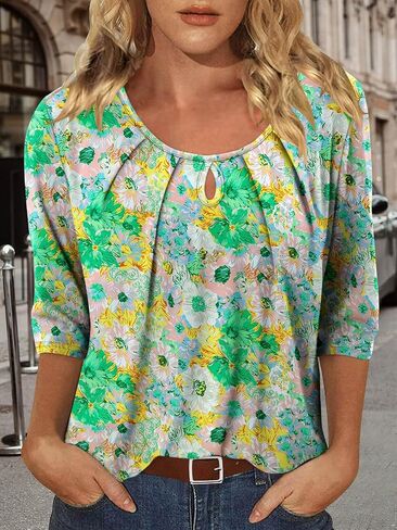 Womens Crewneck Shirts Summer Short Sleeve Tops Ladies Fashion Pleated Loose Tunic Blouse for Leggins in Kuwait