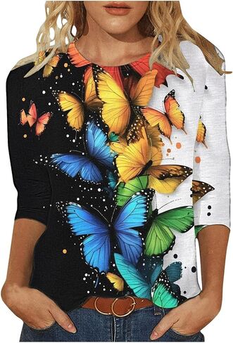 Women's Summer Tops 2025 Casual 3/4 Sleeve Crewneck Floral Tunic Shirts Ladies Spring Vacation Clothes in Saudi Arabia