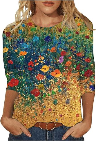 بلوزات الصيف النسائية 2025 عادية 3/4 كم Crewneck الأزهار تونك قمصان السيدات ملابس عطلة الربيع in Kuwait