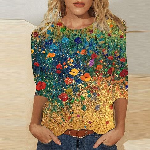 بلوزات الصيف النسائية 2025 عادية 3/4 كم Crewneck الأزهار تونك قمصان السيدات ملابس عطلة الربيع in Kuwait