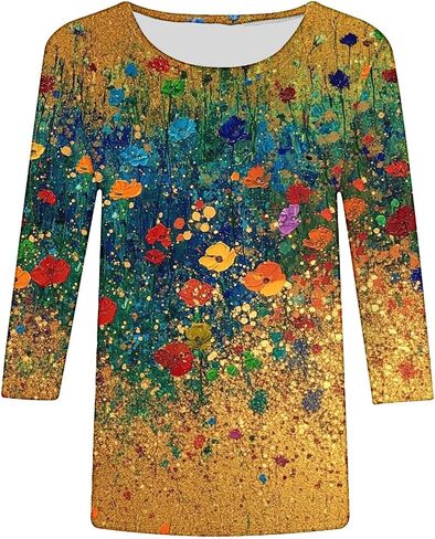 بلوزات الصيف النسائية 2025 عادية 3/4 كم Crewneck الأزهار تونك قمصان السيدات ملابس عطلة الربيع in Kuwait