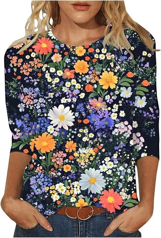 بلوزات الصيف النسائية 2025 عادية 3/4 كم Crewneck الأزهار تونك قمصان السيدات ملابس عطلة الربيع in Kuwait