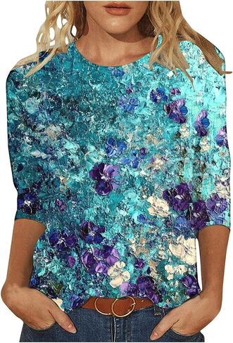 بلوزات الصيف النسائية 2025 عادية 3/4 كم Crewneck الأزهار تونك قمصان السيدات ملابس عطلة الربيع in Kuwait
