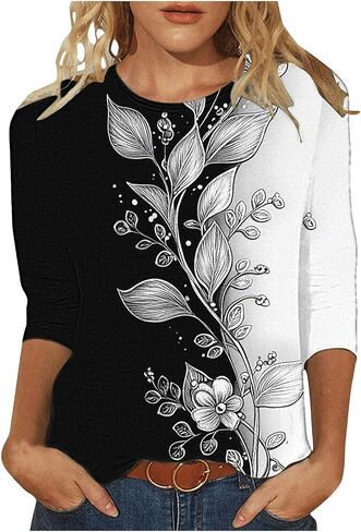بلوزات الصيف النسائية 2025 عادية 3/4 كم Crewneck الأزهار تونك قمصان السيدات ملابس عطلة الربيع in Kuwait