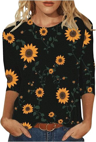 بلوزات الصيف النسائية 2025 عادية 3/4 كم Crewneck الأزهار تونك قمصان السيدات ملابس عطلة الربيع in Kuwait