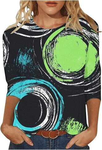 بلوزات الصيف النسائية 2025 عادية 3/4 كم Crewneck الأزهار تونك قمصان السيدات ملابس عطلة الربيع in Kuwait