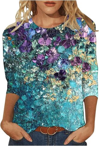 بلوزات الصيف النسائية 2025 عادية 3/4 كم Crewneck الأزهار تونك قمصان السيدات ملابس عطلة الربيع in Kuwait