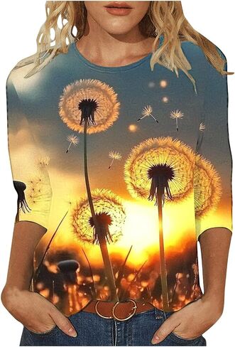 بلوزات الصيف النسائية 2025 عادية 3/4 كم Crewneck الأزهار تونك قمصان السيدات ملابس عطلة الربيع in Kuwait