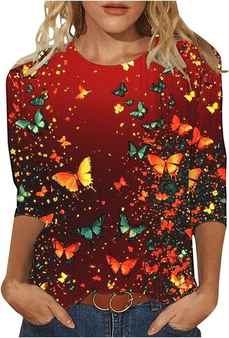 بلوزات الصيف النسائية 2025 عادية 3/4 كم Crewneck الأزهار تونك قمصان السيدات ملابس عطلة الربيع in Kuwait