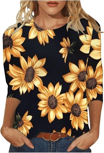 بلوزات الصيف النسائية 2025 عادية 3/4 كم Crewneck الأزهار تونك قمصان السيدات ملابس عطلة الربيع in Kuwait