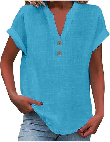 Women's Short Sleeve V Neck Button Tunic Comfy Blouse Casual Dressy Tunic Top in Kuwait