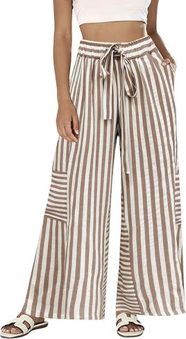 Bankeng Womens Summer Casual Striped Pants Loose Wide Leg Lounge Pants Elastic Waist Palazzo Trousers with Pockets in Saudi Arabia