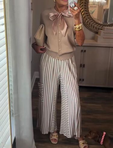 Bankeng Womens Summer Casual Striped Pants Loose Wide Leg Lounge Pants Elastic Waist Palazzo Trousers with Pockets in Saudi Arabia