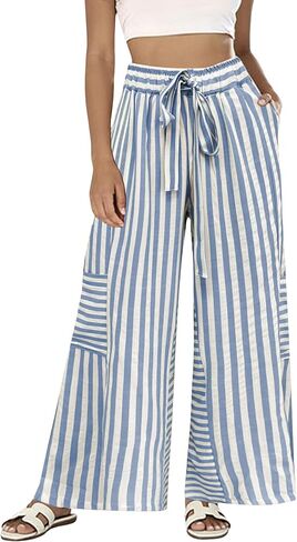 Bankeng Womens Summer Casual Striped Pants Loose Wide Leg Lounge Pants Elastic Waist Palazzo Trousers with Pockets in Saudi Arabia