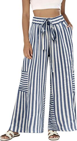 Bankeng Womens Summer Casual Striped Pants Loose Wide Leg Lounge Pants Elastic Waist Palazzo Trousers with Pockets in Saudi Arabia
