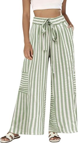 Bankeng Womens Summer Casual Striped Pants Loose Wide Leg Lounge Pants Elastic Waist Palazzo Trousers with Pockets in Saudi Arabia