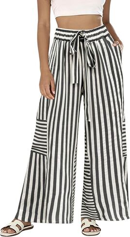 Bankeng Womens Summer Casual Striped Pants Loose Wide Leg Lounge Pants Elastic Waist Palazzo Trousers with Pockets in Saudi Arabia