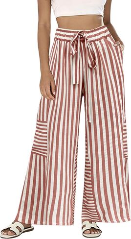 Bankeng Womens Summer Casual Striped Pants Loose Wide Leg Lounge Pants Elastic Waist Palazzo Trousers with Pockets in Saudi Arabia