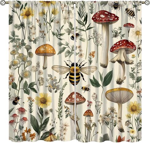 Rustic Mushroom Curtains for Kitchen Botanical Floral Cottagecore Bee Aesthetic Vintage Chic Flower Plant Window Treatments for Boys Girls Bedroom Living Room 42x44.5In（No Blackout） in Saudi Arabia