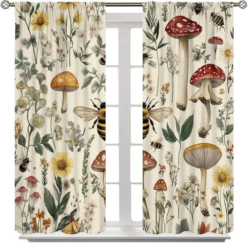 Rustic Mushroom Curtains for Kitchen Botanical Floral Cottagecore Bee Aesthetic Vintage Chic Flower Plant Window Treatments for Boys Girls Bedroom Living Room 42x44.5In（No Blackout） in Saudi Arabia