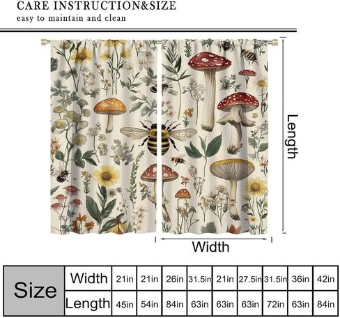 Rustic Mushroom Curtains for Kitchen Botanical Floral Cottagecore Bee Aesthetic Vintage Chic Flower Plant Window Treatments for Boys Girls Bedroom Living Room 42x44.5In（No Blackout） in Saudi Arabia