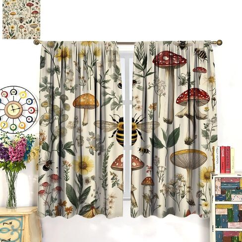 Rustic Mushroom Curtains for Kitchen Botanical Floral Cottagecore Bee Aesthetic Vintage Chic Flower Plant Window Treatments for Boys Girls Bedroom Living Room 42x44.5In（No Blackout） in Saudi Arabia