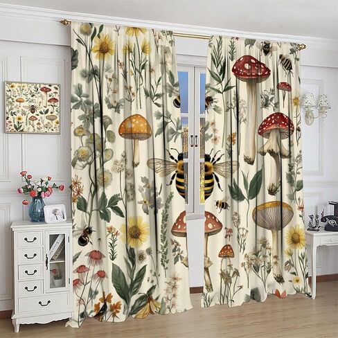 Rustic Mushroom Curtains for Kitchen Botanical Floral Cottagecore Bee Aesthetic Vintage Chic Flower Plant Window Treatments for Boys Girls Bedroom Living Room 42x44.5In（No Blackout） in Saudi Arabia