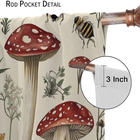 Rustic Mushroom Curtains for Kitchen Botanical Floral Cottagecore Bee Aesthetic Vintage Chic Flower Plant Window Treatments for Boys Girls Bedroom Living Room 42x44.5In（No Blackout） in Saudi Arabia