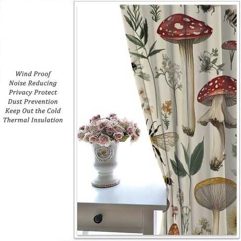 Rustic Mushroom Curtains for Kitchen Botanical Floral Cottagecore Bee Aesthetic Vintage Chic Flower Plant Window Treatments for Boys Girls Bedroom Living Room 42x44.5In（No Blackout） in Saudi Arabia