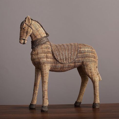 Rustic Horse Statue, Unique Rattan-Style Decor for Office & Home - Hand-Painted Resin Sculpture - Gift for Horse Lover in Saudi Arabia