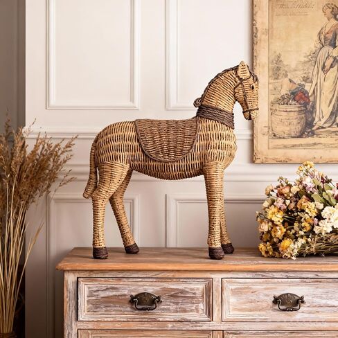 Rustic Horse Statue, Unique Rattan-Style Decor for Office & Home - Hand-Painted Resin Sculpture - Gift for Horse Lover in Saudi Arabia