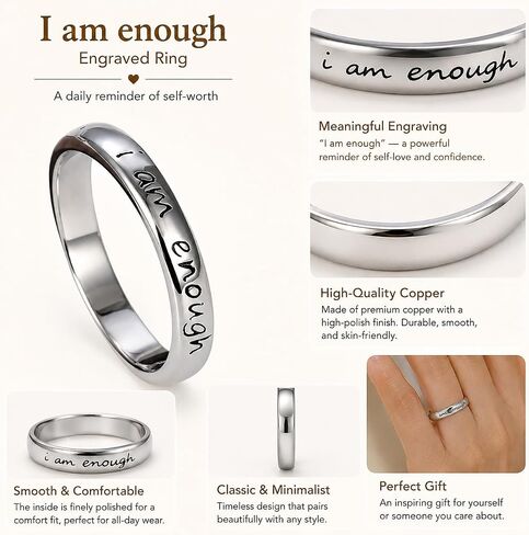 I Am Enough Ring for Women, Mantra Engraved Love Hope Brave Inspirational Gift Card Kind Statement Birthday Anniversary Jewelry in Saudi Arabia