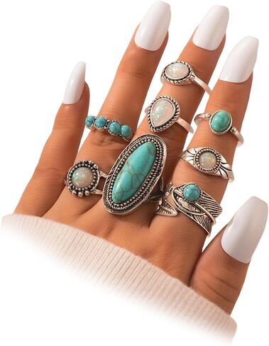 Western Turquoise Rings Set for Women Boho Big Heart Flower Stack Midi Rings Cowgirl Vintage Country Concert Party Statement Jewelry in Saudi Arabia