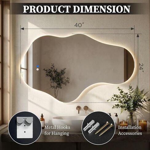 Irregular LED Bathroom Mirror with Lights, Backlit Vanity Mirror for Wall, Asymmetrical Wall Mirror, 3 Color Dimmable Anti-Fog Smart, Decorative Mirror for Bathroom, Entryway(24″ x 40″, 1 Pack) in Kuwait