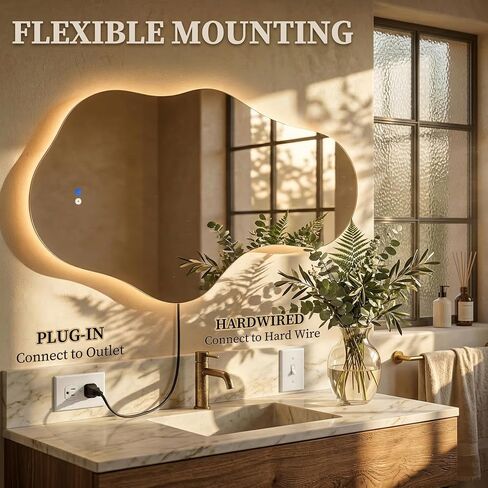 Irregular LED Bathroom Mirror with Lights, Backlit Vanity Mirror for Wall, Asymmetrical Wall Mirror, 3 Color Dimmable Anti-Fog Smart, Decorative Mirror for Bathroom, Entryway(24″ x 40″, 1 Pack) in Kuwait